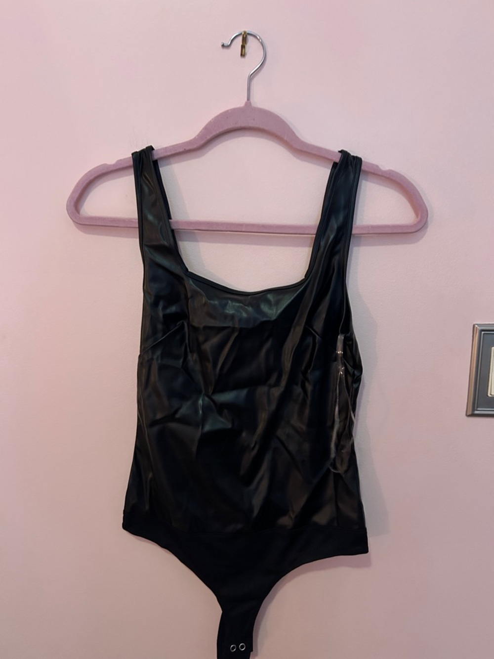 Black Faux-Leather Scoop Neck Bodysuit Top - Women. Never worn.